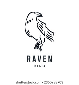 Raven bird or eagle line art hand drawn logo icon vector illustration