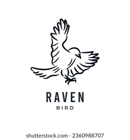 Raven bird or eagle line art hand drawn logo icon vector illustration