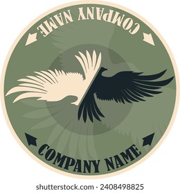 Raven bird, eagle spread its wings on green background. Vector illustration, emblem logo