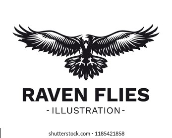 Raven bird in front - vector illustration, logo, emblem black and white, one color.