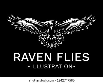 Raven bird in front - vector illustration, logo, emblem black and white, one color.