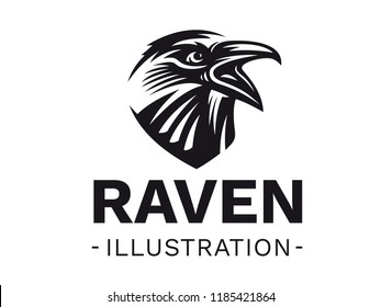 Raven bird head - vector illustration, logo, emblem black and white, one color.