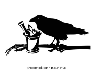 raven bird, human skeleton hand and mortar with herbs - halloween theme dark magic black and white vector graphics