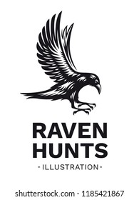 Raven bird hunts in flight - vector illustration, logo, emblem black and white, one color.