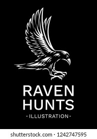 Raven bird hunts in flight - vector illustration, logo, emblem black and white, one color.