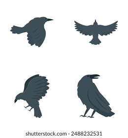 Raven bird icons set cartoon vector. Cute cartoon black raven. Bird, animal