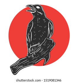 Raven bird illustration. Hand drawn raven vector illustration. 