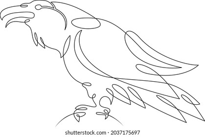 Raven bird logo. One continuous line.
Silhouette of a crow.
One continuous line drawing of logo isolated minimal illustration.