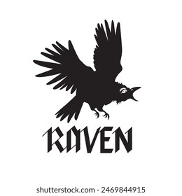 Raven bird, logo raven, vector illustration, logo, emblem black and white, one color. Vector illustration