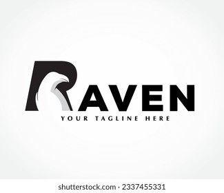 raven bird negative space at R initial logo symbol design template illustration inspiration