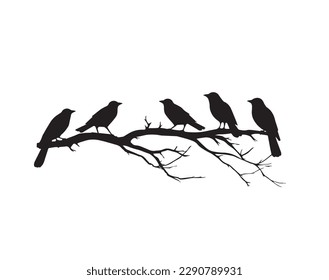 Raven bird on branch, vector. Raven bird illustration isolated on white background. Wall art, artwork, wall decals