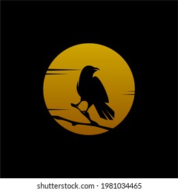 Raven Bird On Twigs a Full Moon Illustration Vector