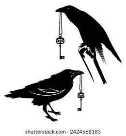 raven bird outlines holding antique style skeleton key - mystical animal black and white vector design set