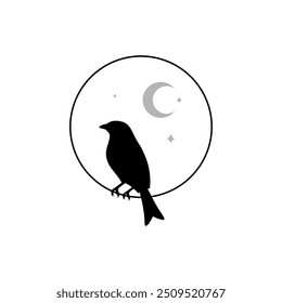 raven bird perched moon night logo design vector