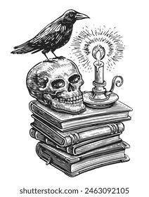 Raven bird perched on skull, candle and stack of books. Hand drawn engraving. Vector vintage illustration