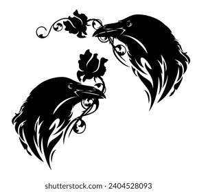 raven bird profile head with rose flower in beak - mystical animal black and white vector design set