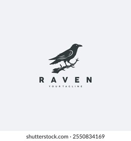 Raven bird silhouette logo standing on tree branch vector illustration design