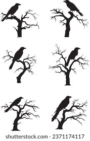 Raven Bird Silhouette Sitting at Bare Tree Branches Entrance: Spooky Halloween Night Vector Design Set with Raven Dead Tree