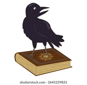 Um pássaro corvo senta-se em um livro de mágica. Ilustração vetorial de atributos mágicos