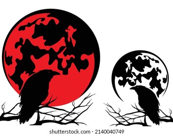 raven bird sitting at bare tree branch agaisnt red full moon - spooky halloween night vector design set