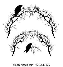 raven bird sitting at bare tree branches forming arch entrance - spooky halloween night vector design set