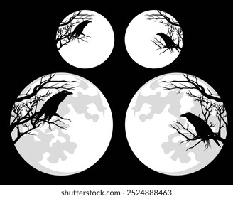 raven bird sitting at bare tree branch against full moon - black and white vector halloween night design set