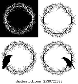 raven bird sitting at bare tree branches forming magic circle frame - spooky halloween night vector copy space design set