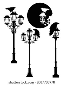 raven bird sitting on antique street light - halloween theme black and white vector silhouette design set