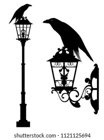 raven bird sitting on vintage street light - halloween theme black vector silhouette set