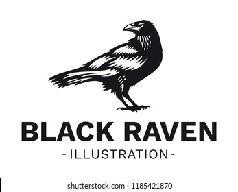 Raven bird - vector illustration, logo, emblem black and white, one color.