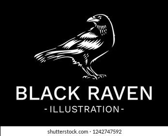 Raven bird - vector illustration, logo, emblem black and white, one color.