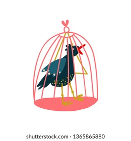 Raven in Birdcage, Magic Object, Witchcraft Attribute Vector Illustration