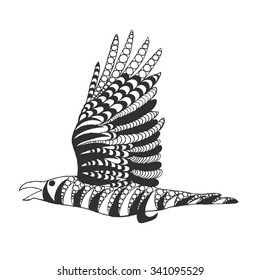 Raven birds. Black white hand drawn doodle animal. Ethnic patterned illustration. African, indian, totem, tribal, zentangle design. Sketch for adult colouring page, tattoo, poster, print or t-shirt.