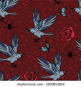 Raven Birds Gothic Red Roses halloween Vector Seamless Pattern