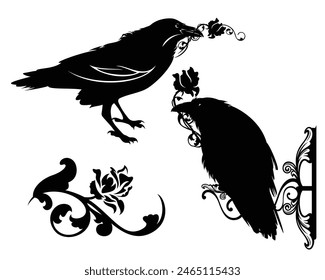 raven birds holding rose flower in beaks with floral decor - mystical animal black and white vector handdrawn silhouette design set