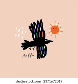 Raven Birds with sun for kids print. Perfect for t-shirt, card, poster childish design