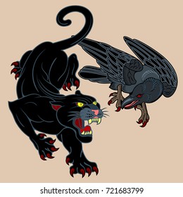 The raven and the black mouth of the panther that pointed at him. Old School Tattoo Style