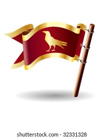 Raven, blackbird or crow symbol on vector royal flag button suitable for print, web, or promotional use