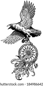 Raven carrying dream catcher. American native indians dreamcatcher. A crow in flight. Black and white tattoo style vector illustration