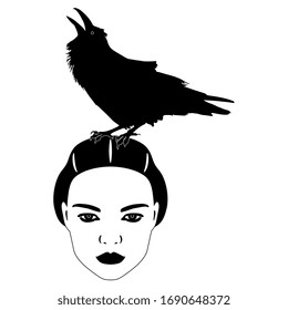 Raven cawing on beautiful female head. Black and white silhouette. Creative art. isolated vector illustration.