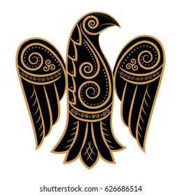 Raven in Celtic, Scandinavian style, isolated on white, vector illustration svg