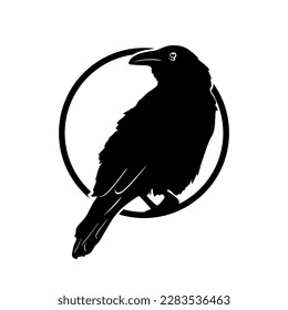 Raven circle logo design. Bird symbol in minimal style. Raven bird sign isolated on white background. Vector illustration