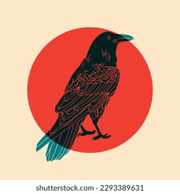 Raven. Colorful cute screen printing effect. Riso print effect. Vector illustration. Graphic element  for fabric, textile, clothing, wrapping paper, wallpaper, poster. 