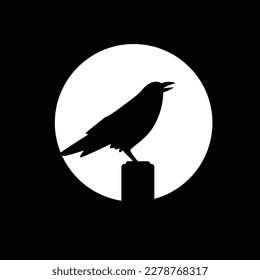 raven crow black dark night moon perched logo design vector