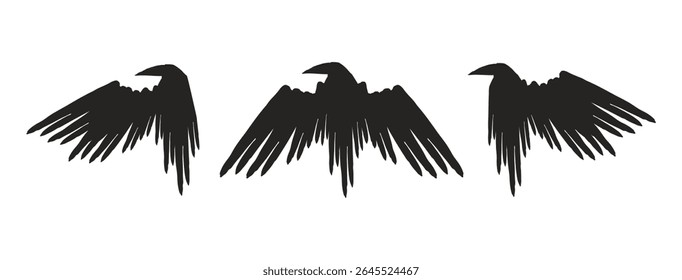 Raven or crow black silhouette with wings. Vector illustration isolated on white