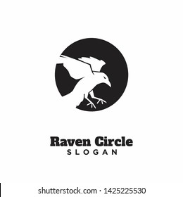 raven crow fly with circle black logo icon design vector illustration template