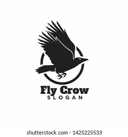 raven crow fly with circle black logo icon design vector illustration template
