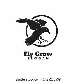 raven crow fly with circle black logo icon design vector illustration template