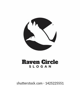 raven crow fly with circle black logo icon design vector illustration template