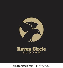 raven crow fly with circle gold logo icon design vector illustration template